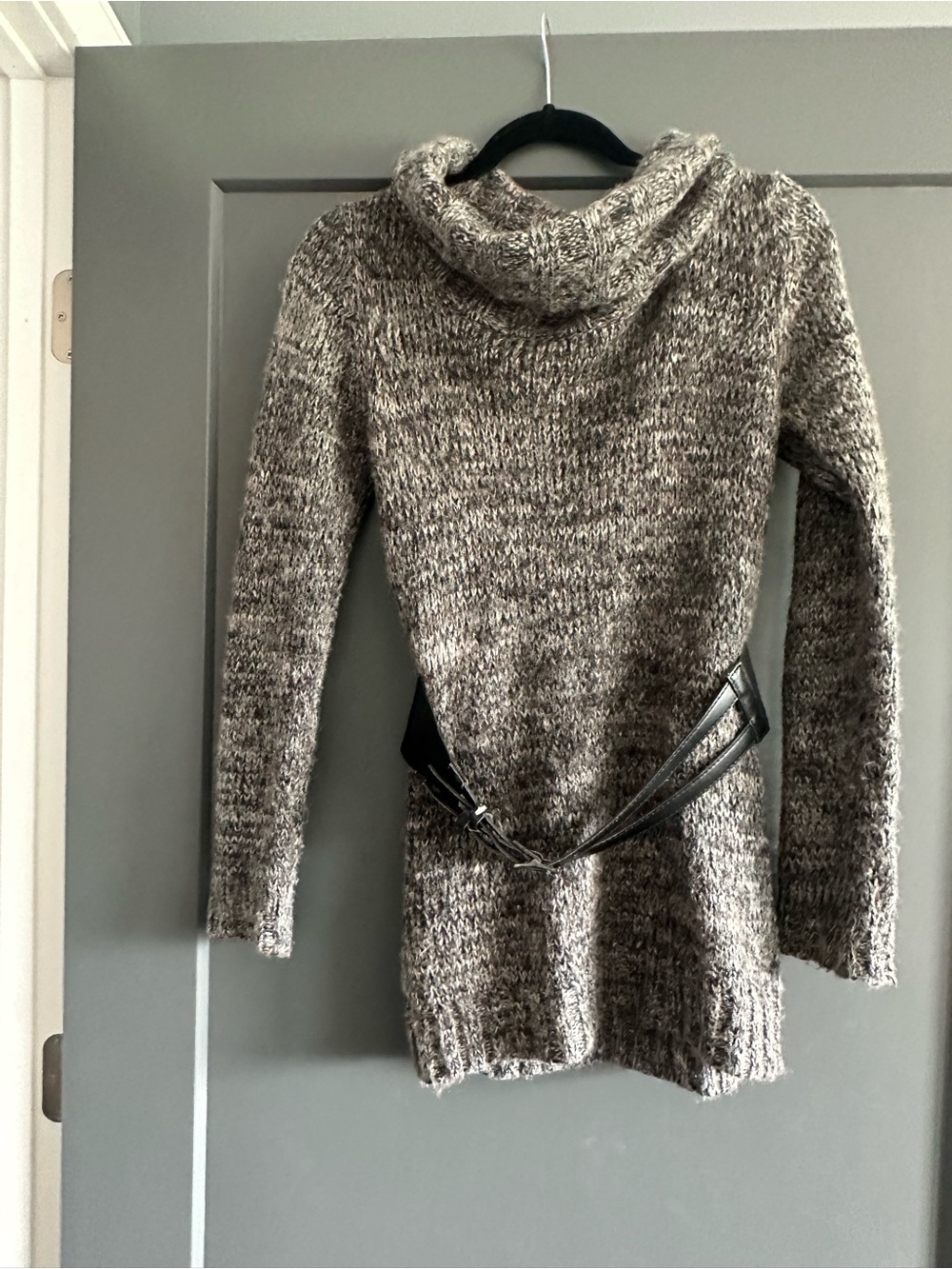 Suzy Shier Marled Taupe Cowl Neck Sweater Dress